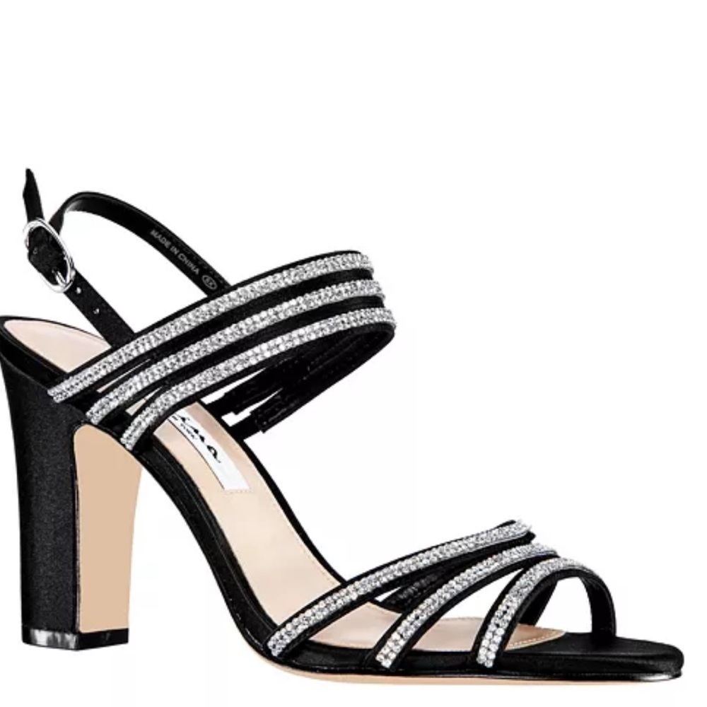 Nina Shandra Black Rhinestone Strappy Heels 7.5M Block Heel Wedding Guest Party